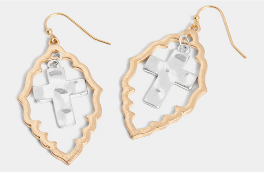 Mixed Metal Framed Cross Dangle Earring