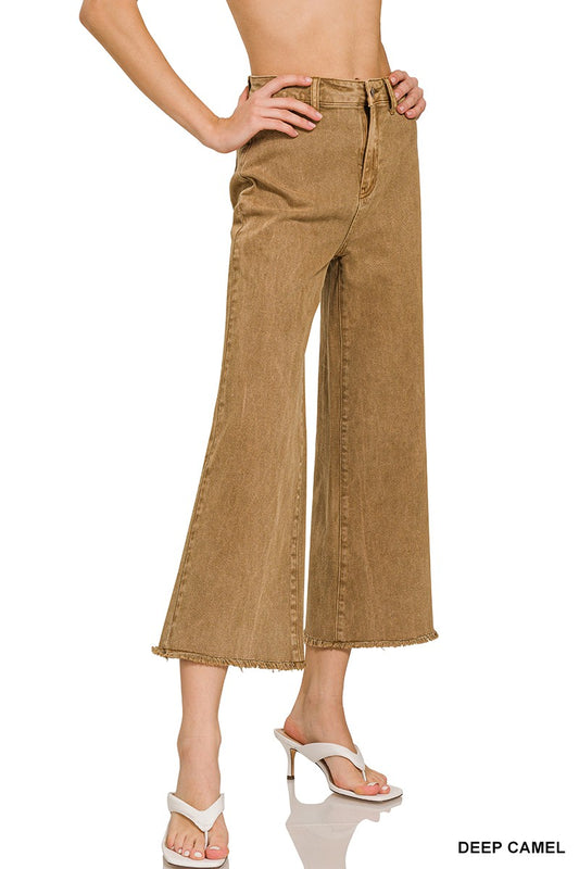 High Waist Acid Washed Frayed Hem Pants